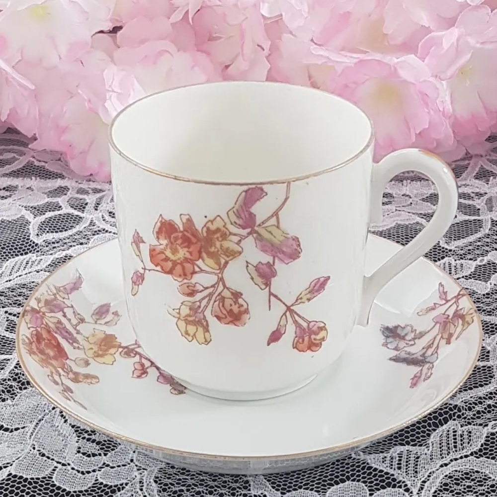 Limoges Porcelain Cup and Saucer, Hand Painted Antique France 1890-1902